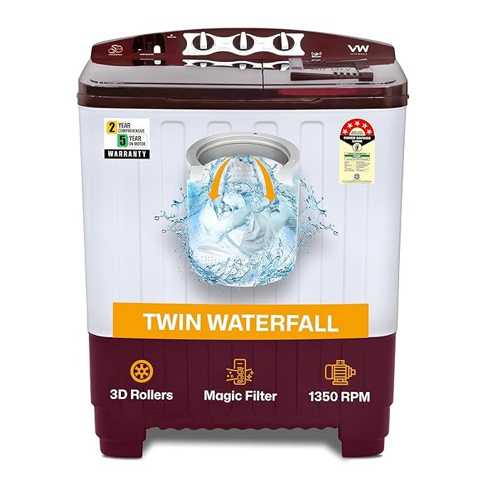 VW 8 kg 5 Star Super Wash Semi Automatic Top Load Washing Machine SuperWash0080P (White & Burgundy)
