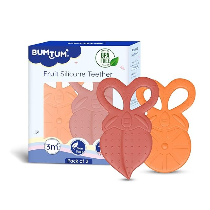 BUMTUM Soft Silicone Baby Teether, Teether for 6 to 12 Months Baby |Bpa Free Teething Toys for Babies, Infants & Toddlers| Fruit Shape 2Pcs