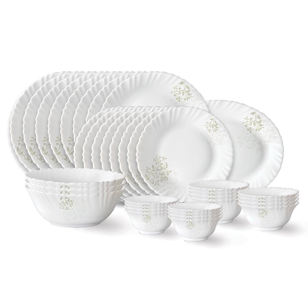Larah by Borosil Ingot Fluted Series Opalware Dinner Set | 36 Pieces for Family of 8 | Microwave & Dishwasher Safe | Bone-Ash Free | Crockery Set for Dining & Gifting