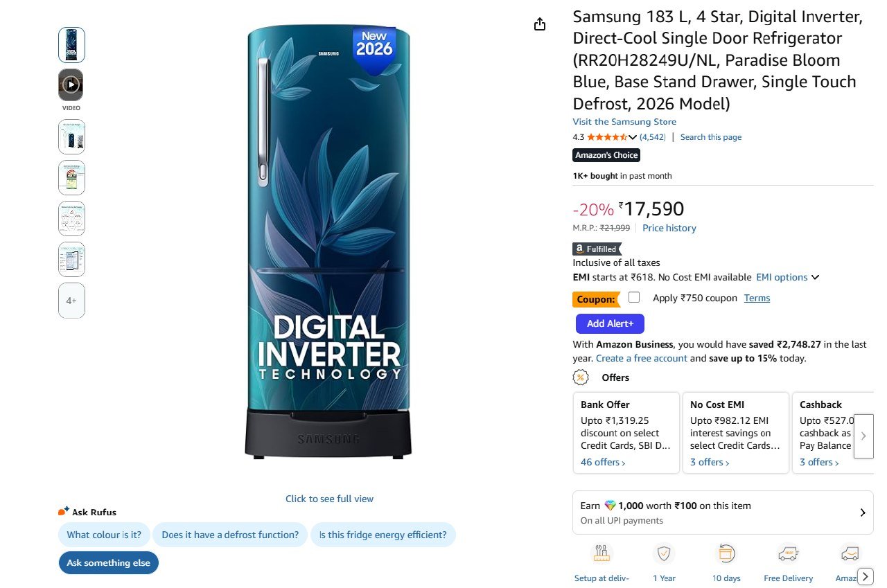 Samsung 183 L, 4 Star, Digital Inverter, Direct-Cool Single Door Refrigerator at Rs.15090