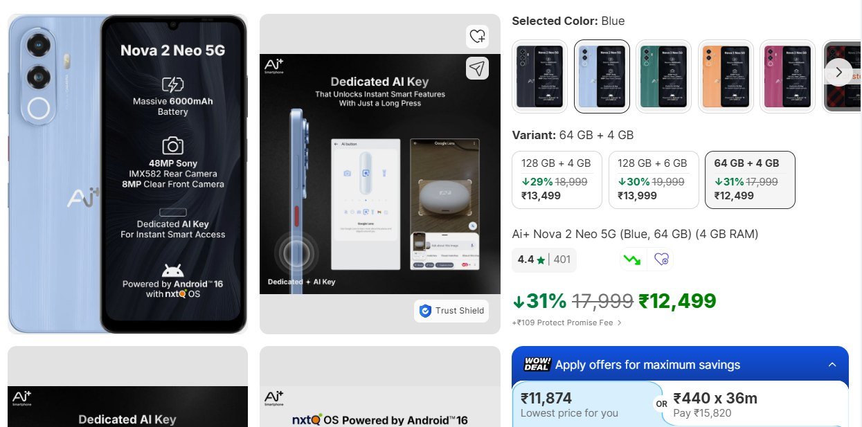 Ai+ Nova 2 Neo 5G (Blue, 64 GB) (4 GB RAM)@12499